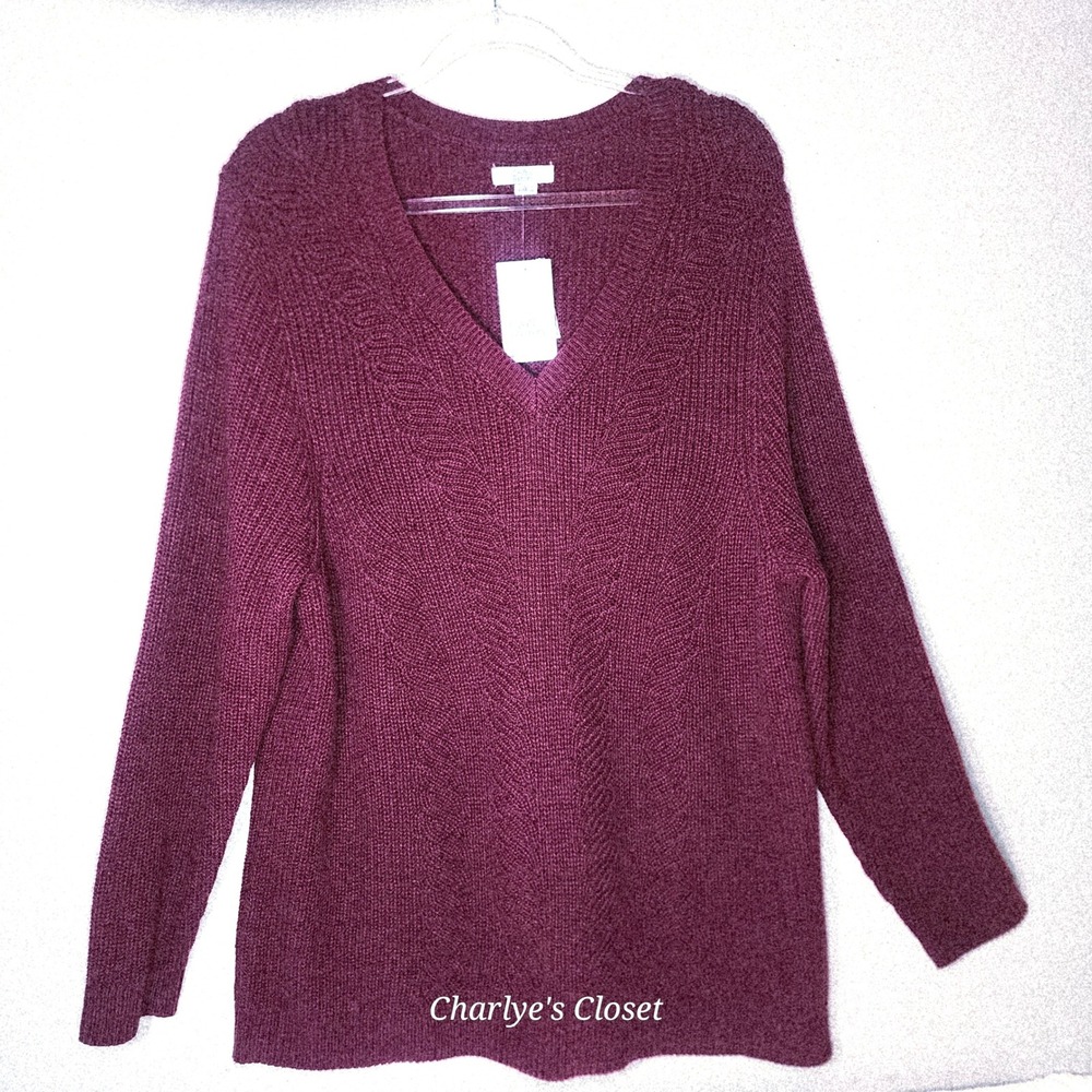 Croft & Barrow Long Sleeve 2X Burgundy Cable Knit V-Neck‎ Pullover Sweater NWT